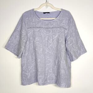 Francesca Bettini Linen Blue Embroidered Top L Italian Boho Coastal